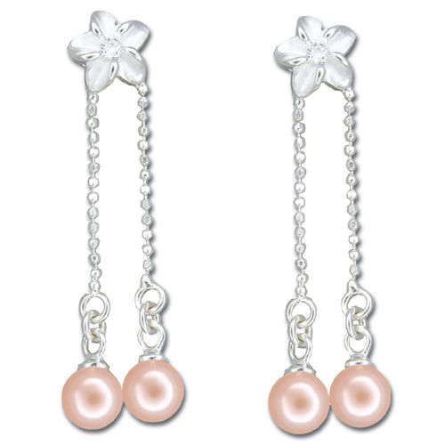 Sterling Silver Plumeria with Dangling Pink Fresh Water Pearl Earrings 