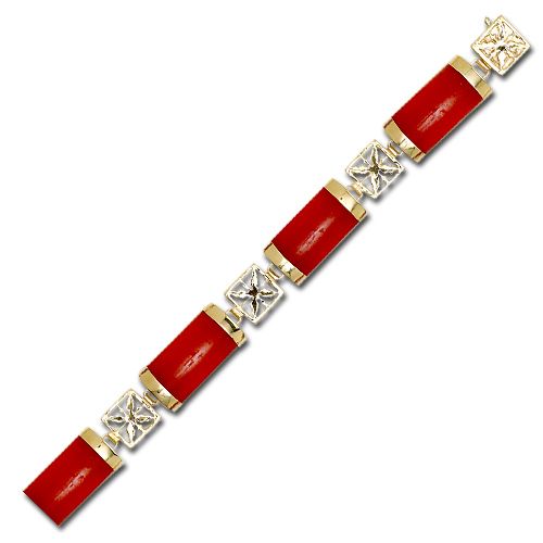 14KT Yellow Gold Hawaiian Quilt Filigree with Red Jade Bracelet