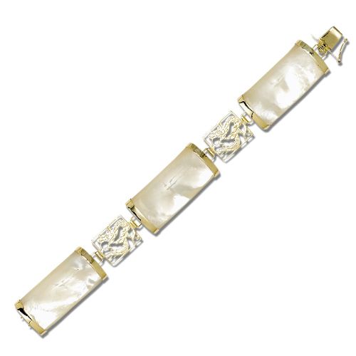 14KT Yellow Gold Dragon Filigree with MOP (Mother of Pearl Shell) Large Bar Bracelet