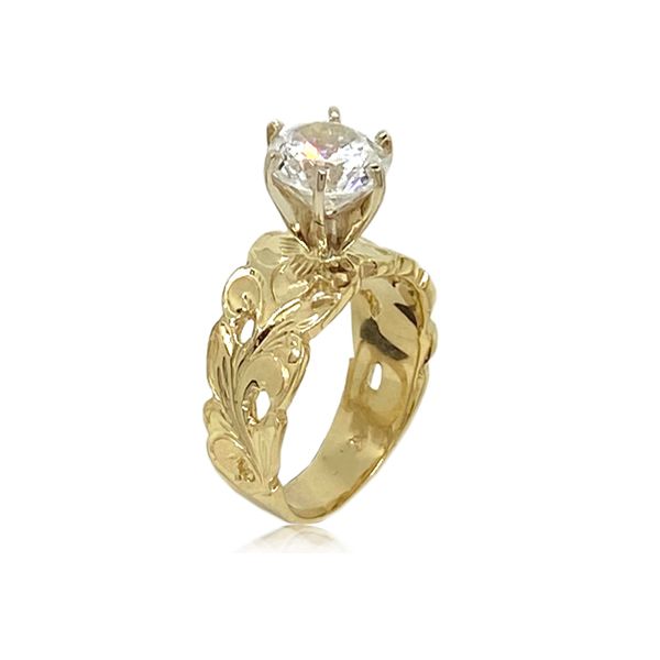 14KT Gold Hawaiian Cut-out Scroll Tapered Ring with Cubic Zirconia