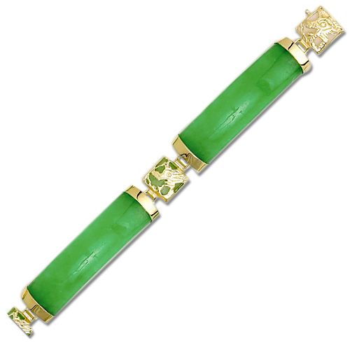 14KT Yellow Gold Green Jade Bracelet with 14KT Gold Dragon Filigree