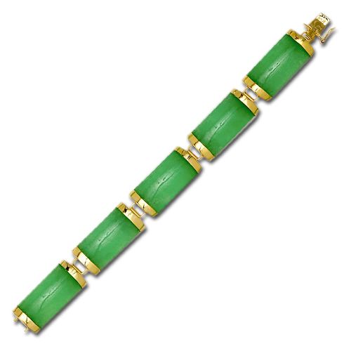 14KT Yellow Gold Good Fortune Green Jade Bar Bracelet 