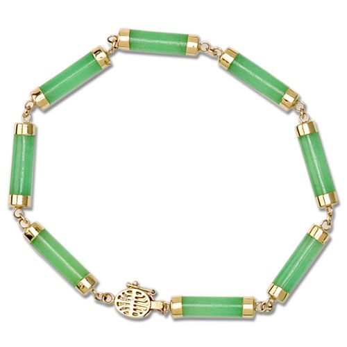 14KT Yellow Gold Green Jade Tube Bracelet (S)