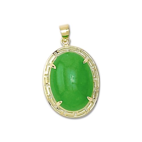 14KT Yellow Gold Chinese Oval Shaped Green Jade Pendant