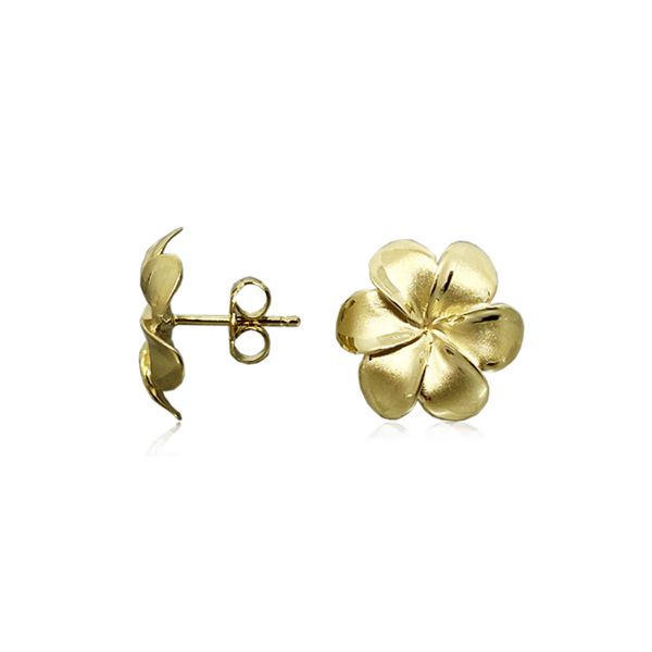 14KT Gold 14MM Lucky Hawaiian Six Petals Plumeria Posted Earrings 