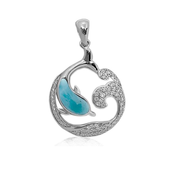 Sterling Silver Genuine Larimar Dolphin in CZ Wave Circle Pendant