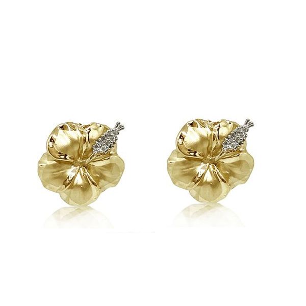 14KT Yellow Gold 12MM Hibiscus Pierced Earrings with Diamond Stamens
