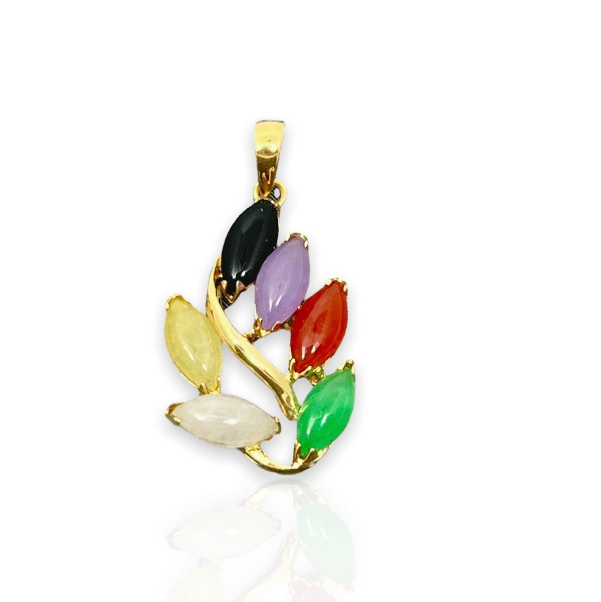 14KT Yellow Gold Leaf Design with Mixed Color Jade Pendant