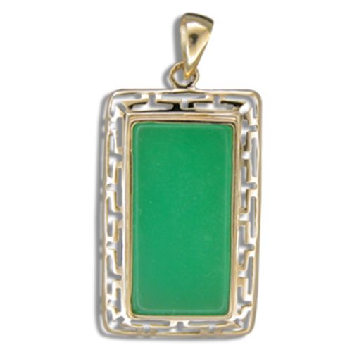 14KT Gold Cut-In Wavy Greek symbol Design with Rectangle Shaped Green Jade Pendant