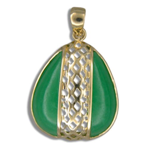 14KT Yellow Gold Cut-Out Diamond Shapes with Water Drop Shaped Green Jade Pendant