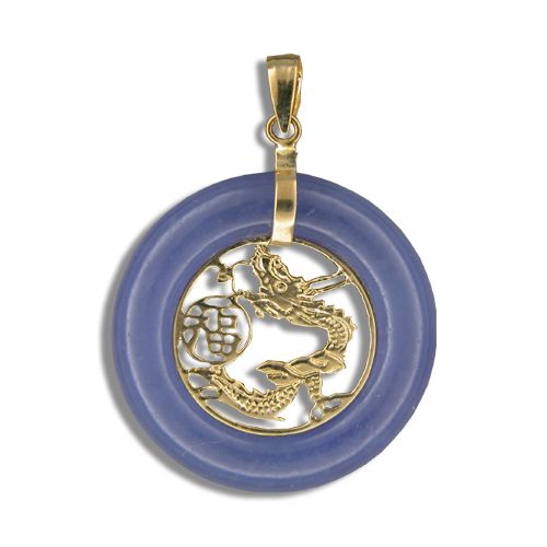 14KT Yellow Gold Donuts Shaped Purple Jade with Dragon Pendant