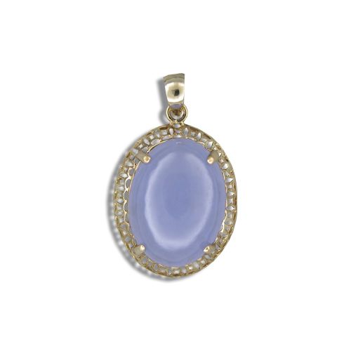 14KT Yellow Gold Cut-In Chinese Pattern Design with Oval Shaped Purple Jade Pendant