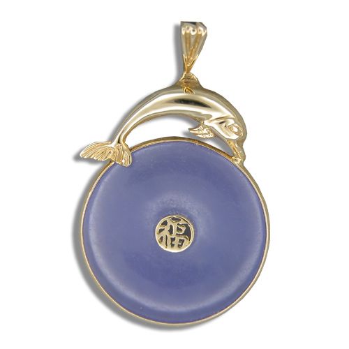 14KT Yellow Gold Dolphin with Good Fortune Symbol and Doughnut Shaped Purple Jade Pendant