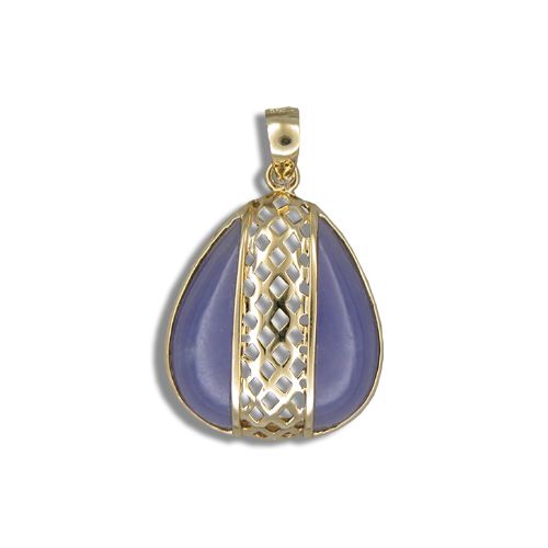 14KT Yellow Gold Cut-Out Diamond Shapes with Water Drop Shaped Purple Jade Pendant