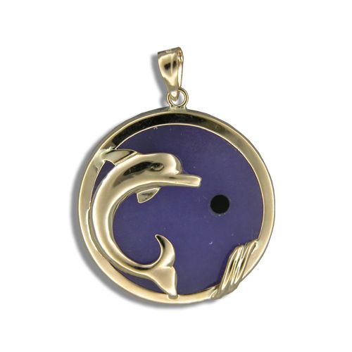 14KT Yellow Gold Dolphin with Round Shaped Purple Jade Pendant