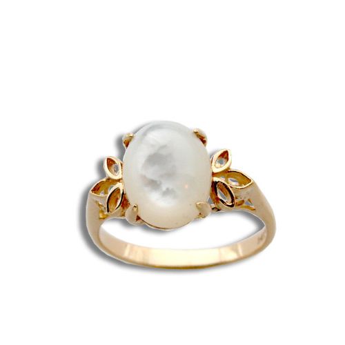 14KT Yellow Gold Cut Out Leaf with Oval Shaped MOP (Mother of Pearl Shell) Ring
