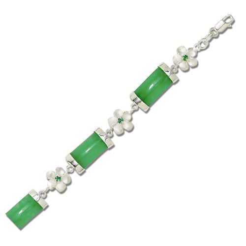 Sterling Silver Plumeria with Green CZ and Green Jade Bracelet 