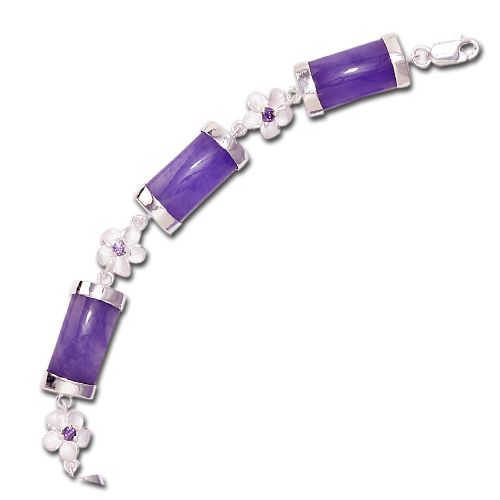 Sterling Silver Plumeria with Purple CZ and Purple Jade Bracelet 