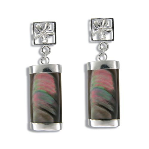 Sterling Silver Cut-In Plumeria with Long Bar Shaped Black MOP (Mother of Pearl Shell) Earrings