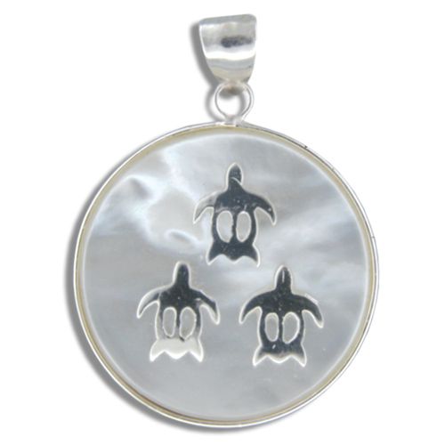 Sterling Silver Hawaiian Honu on Round Shaped MOP (Mother of Pearl Shell) Pendant