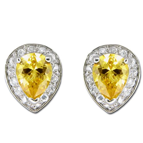 Sterling Silver Teardrop Shaped Citrine Yellow CZ with Channel Set Clear CZ Earrings 