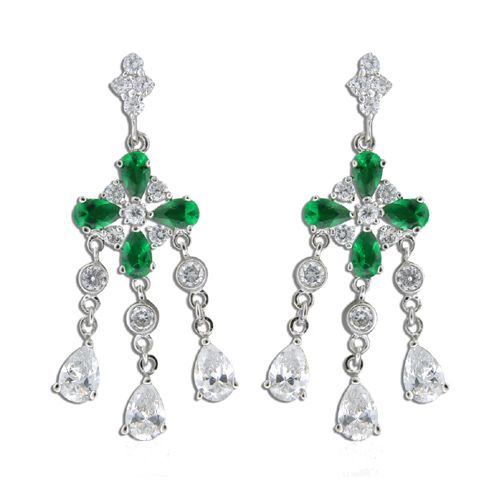 Sterling Silver Four Petal Flower with Emerald Green CZ and Clear CZ Drop Earrings