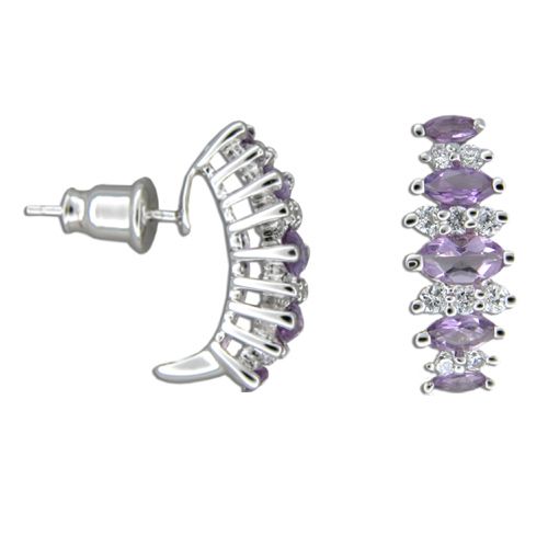 Sterling Silver Marquise Shaped Amethyst Purple CZ and Clear CZ Earrings 