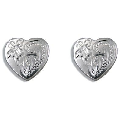 Sterling Silver Hand Carved Hawaiian Plumeria and Scroll with Heart Shaped Pierced Earrings