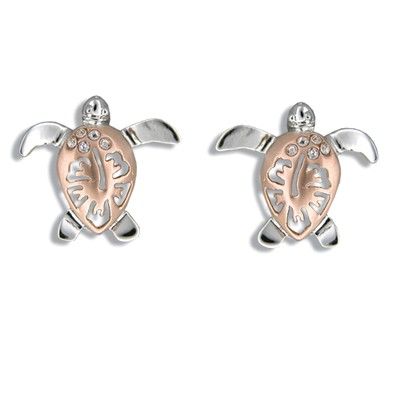 Sterling Silver Rose Two Tone Hibiscus Honu Earrings