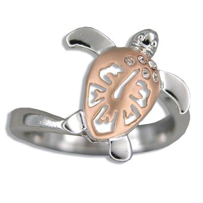 Sterling Silver Rose Two Tone Hibiscus Honu Ring