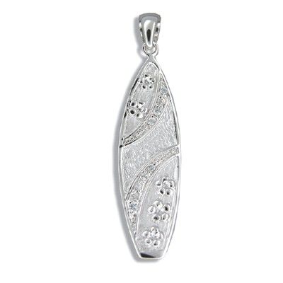 Sterling Silver Hawaiian Plumeria and CZ with Surfboard Shaped Pendant (L)