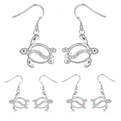 Sterling Silver Hawaiian Honu CZ Fish Wire Earrings