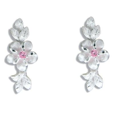 Sterling Silver Hawaiian Plumeria and Maile Leaf with Pink CZ Earrings