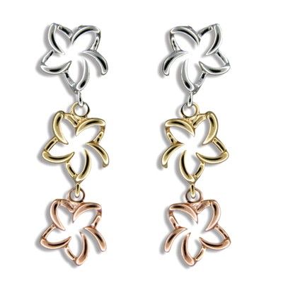 Sterling Silver Hawaiian Tri-color Open Plumeria Dangling Pierced Earrings