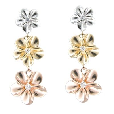 Sterling Silver Tri-color CZ Plumeria Drop Pierced Earrings