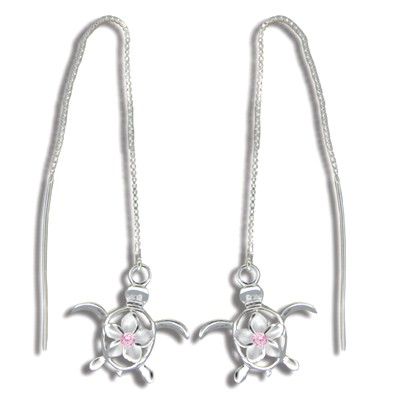 Sterling Silver White Sand Hawaiian Pink CZ Plumeria and HONU Long Chain Earrings