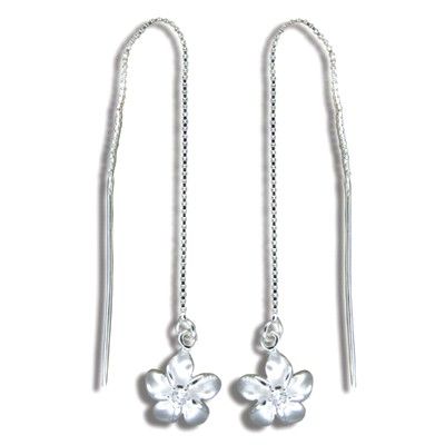 Sterling Silver White Sand Hawaiian Plumeria with Clear CZ Long Chain Earrings