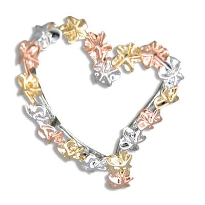 Sterling Silver Tri-color Plumeria Leis Heart Pendant