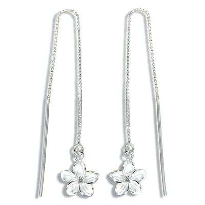 Sterling Silver White Sand Fancy Hawaiian Plumeria with Clear CZ Long Chain Earrings