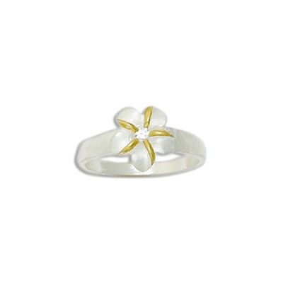 Sterling Silver 10MM Hawaiian Two Tone Plumeria with CZ Ring