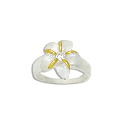 Sterling Silver 15MM Hawaiian Two Tone Plumeria with CZ Ring 