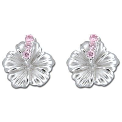 Sterling Silver 12MM Hawaiian Hibiscus with Pink CZ Earrings (S)