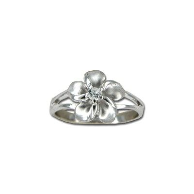 Sterling Silver 12MM Hawaiian Plumeria Ring with Clear CZ