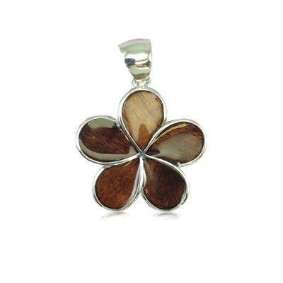 Sterling Silver Hawaiian Koa Wood 20MM Plumeria Design Pendant (M)