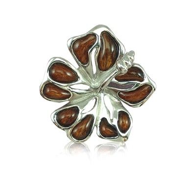 Sterling Silver Hawaiian Koa Wood 22MM Hibiscus Slide Pendant