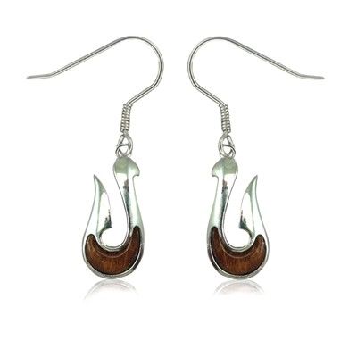 Sterling Silver Hawaiian Koa Wood Fish Hook Fish Wire Earrings