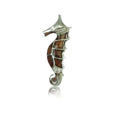 Sterling Silver Hawaiian Koa Wood Seahorse Pendant with Clear CZ