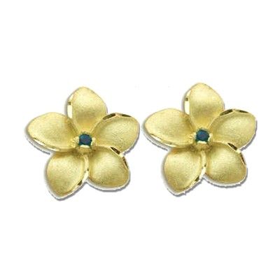 14K Yellow Gold 15mm Hawaiian Plumeria with Sapphire Pierced Earrings