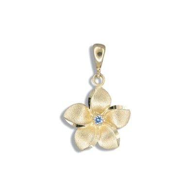 14kt Yellow Gold 15mm Hawaiian Plumeria with Sapphire Pendant