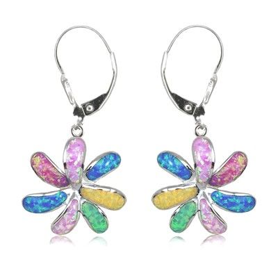 Sterling Silver Hawaiian 15mm Tiare Flower Rainbow Opal Lever Back Earrings